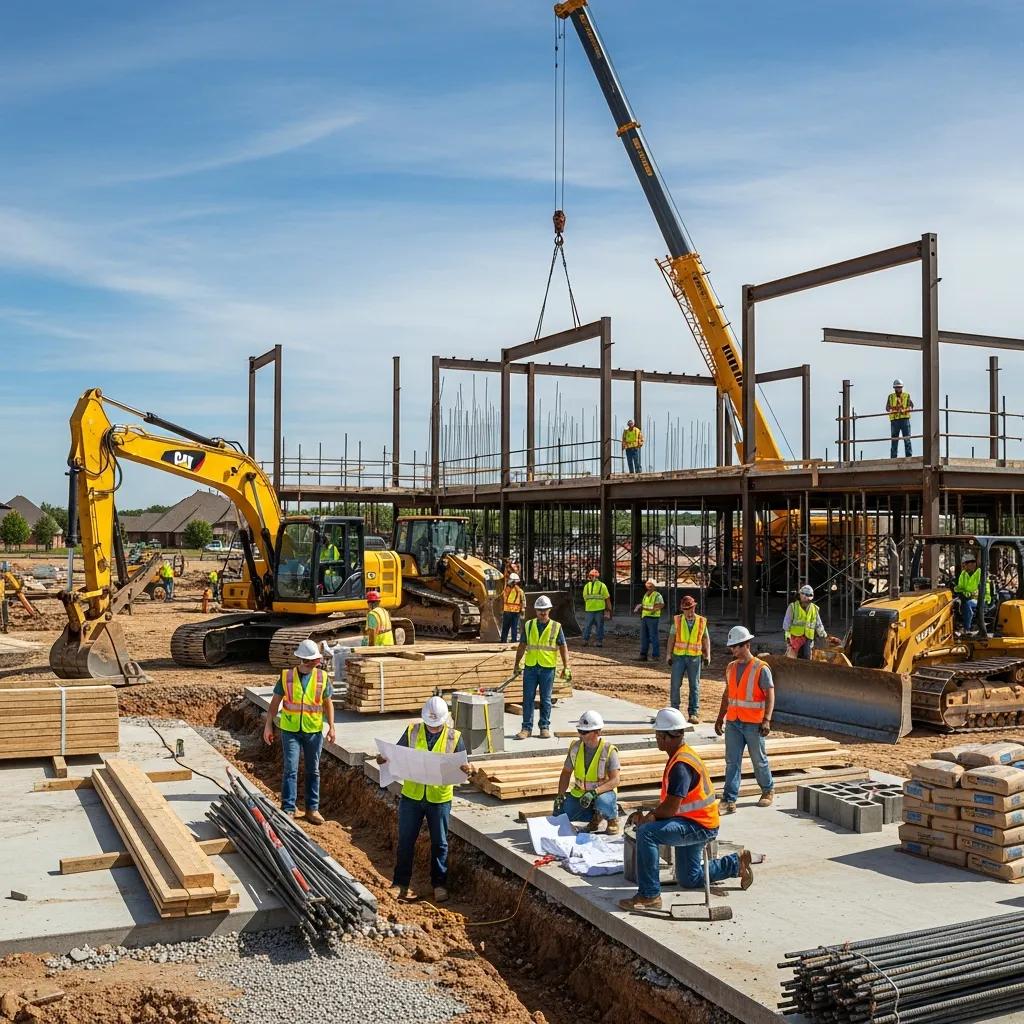 Construction site in Yukon, OK with workers and machinery
