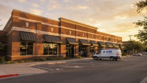 ACME Construction commercial building with metal awnings and company van at sunset, showcasing contracting services in Oklahoma City.