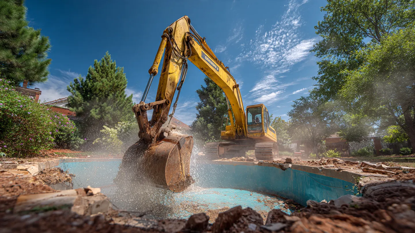 Excavator removing a swimming pool in a residential backyard, showcasing the demolition process in Oklahoma City, with debris and water splashing.
