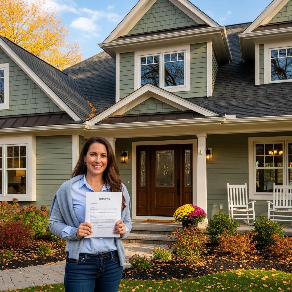 Homeowner with testimonial letter in front of renovated home