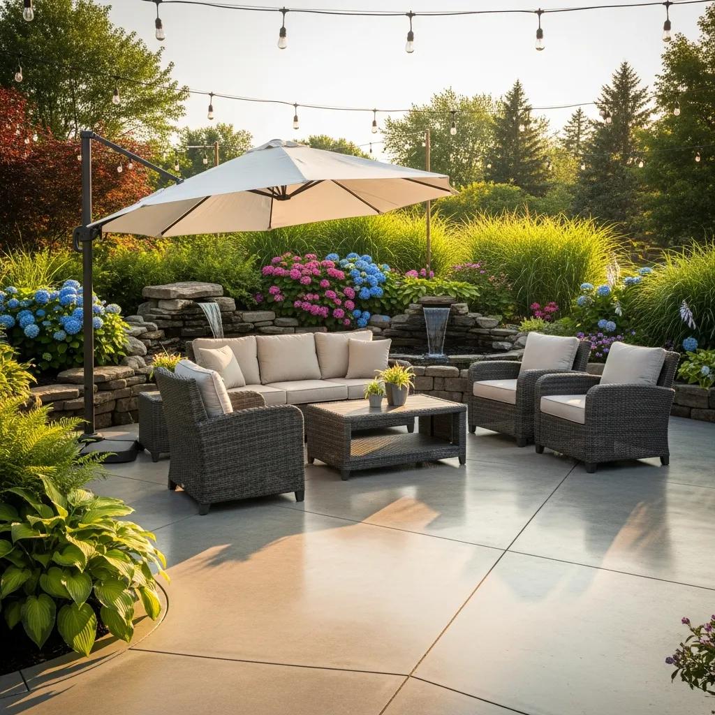 Beautifully finished concrete patio with outdoor furniture in a garden setting
