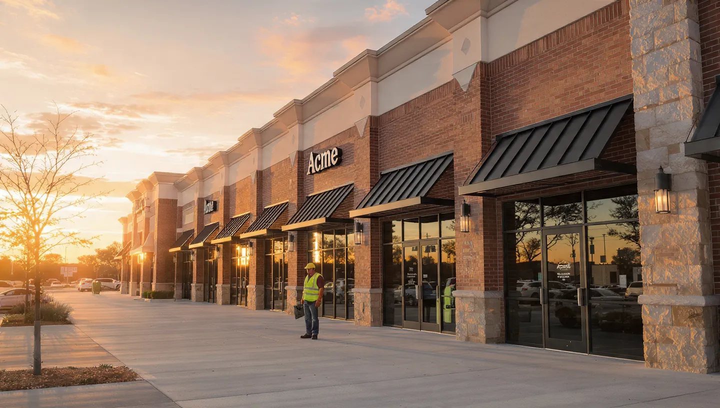 Commercial building exterior with Acme signage, construction worker in safety gear, sunset lighting, Oklahoma City.