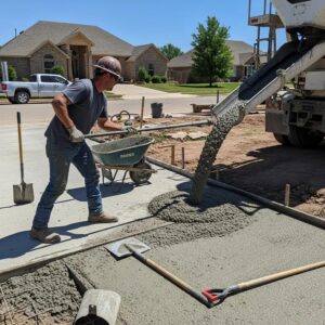 Professional concrete worker pouring concrete for a residential driveway in Oklahoma City