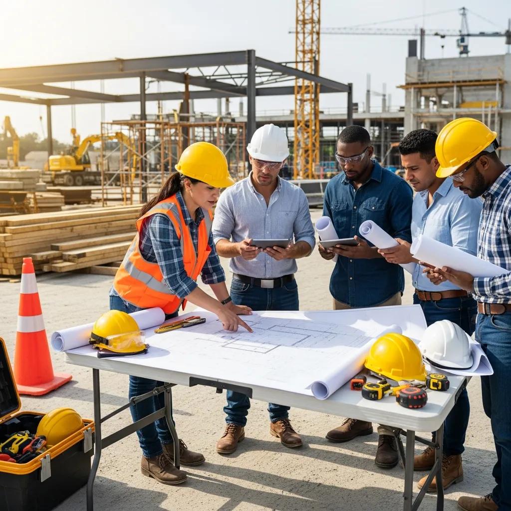 Project manager overseeing construction plans with a team on site