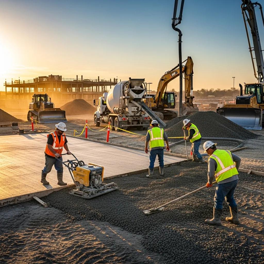Workers installing concrete for a parking lot at a commercial construction site