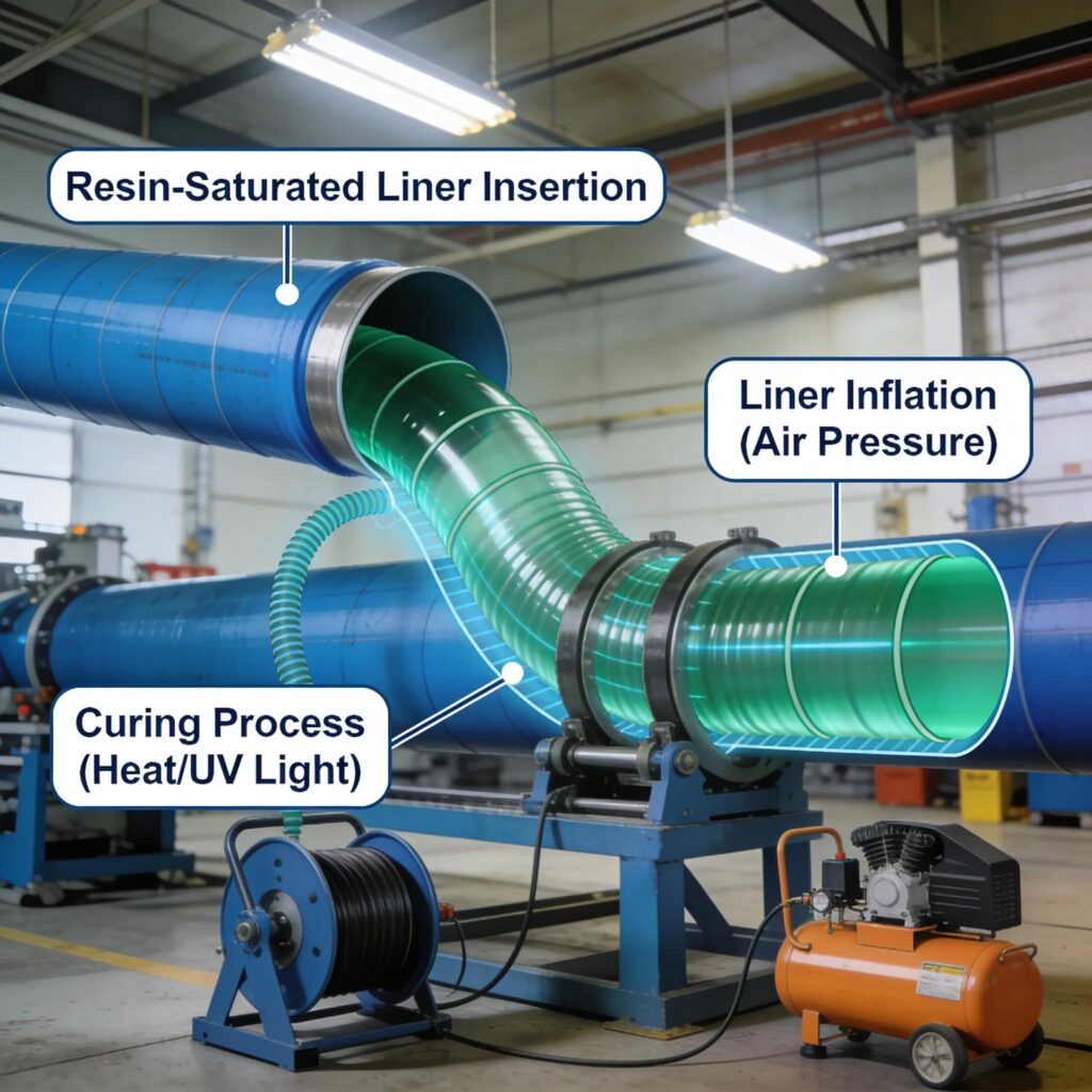 CIPP installation process highlighting resin-saturated liner insertion and curing